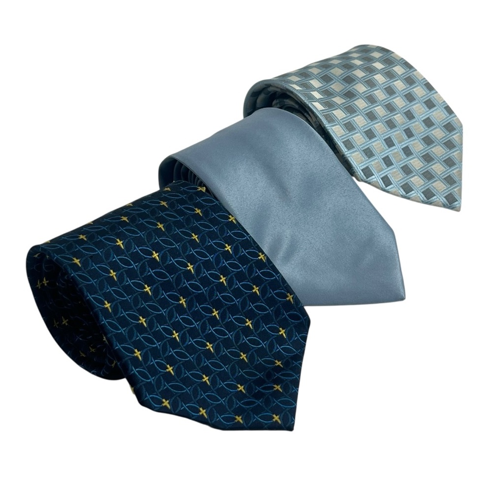 Elegant Men's Tie Set 3 Blue geometric, solid, jesus fish and cross classic